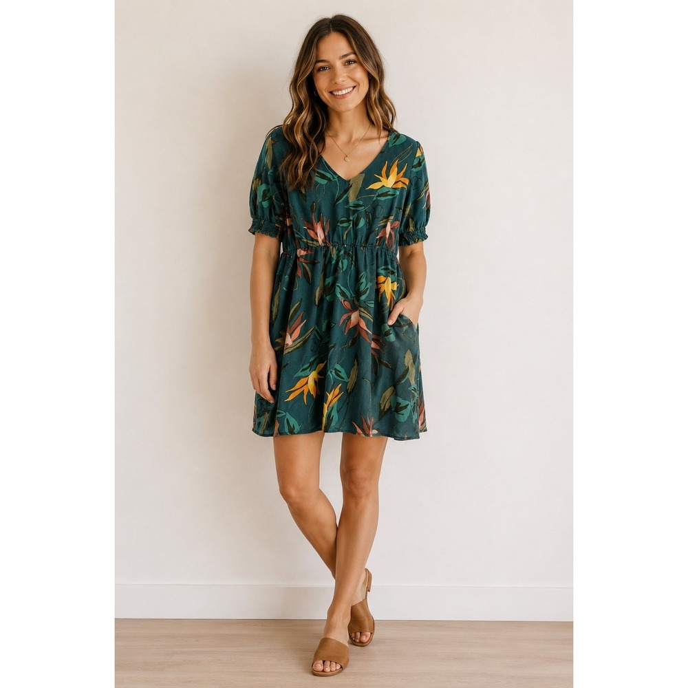 Ava & Viv Plus XL Green Tropical Bird Of Paradise Linen Blend Dress Short Slv 1X